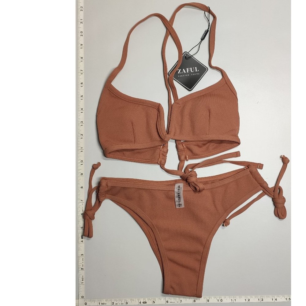 NWT ZAFUL Small V-wire Tankini Brown bikini set
